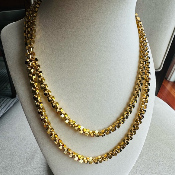 Jewelry - Vintage Gold Tone Square Link Long Chain Necklace 36” Opera Length Statement